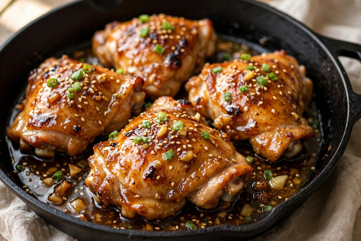 Honey garlic glazed chicken thighs in a cast iron skillet, one of the easy chicken thigh recipes on this list