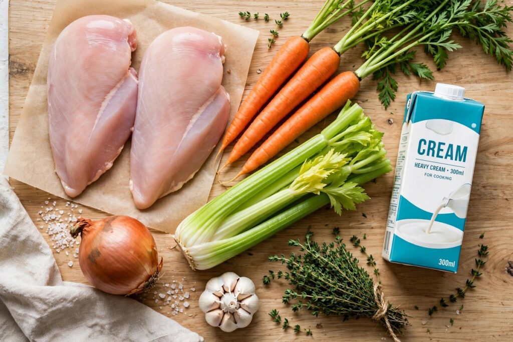 Fresh ingredients for chicken soup on a kitchen worktop: chicken, carrots, celery, onion, garlic, thyme and cream