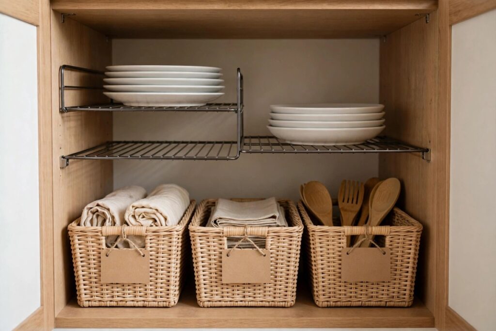 A decluttered small kitchen cupboard with shelf risers, stacked plates and labelled storage baskets