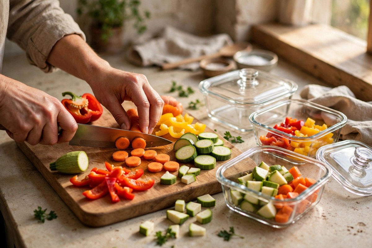 Hands chopping vegetables on a cutting board with meal prep containers nearby — one of the easiest meal prep tips for beginners to follow