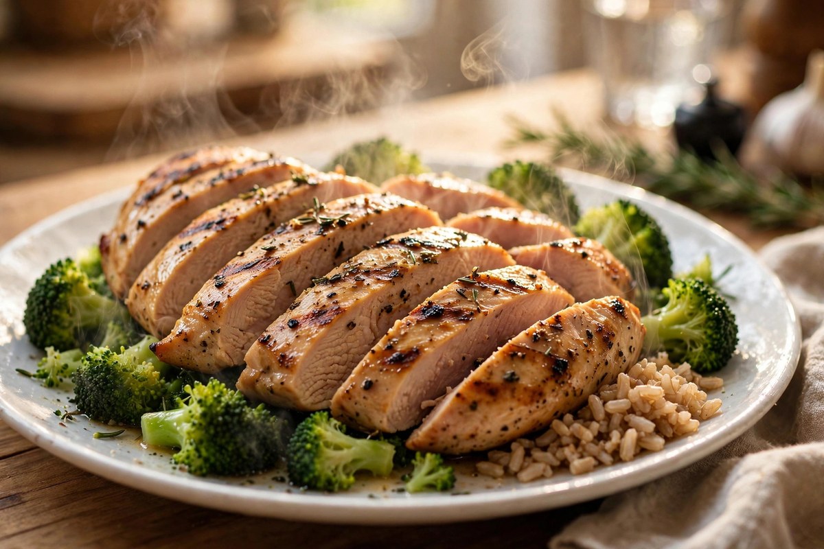 Grilled chicken breast with broccoli and brown rice, one of these high protein low calorie meals that actually keeps you full