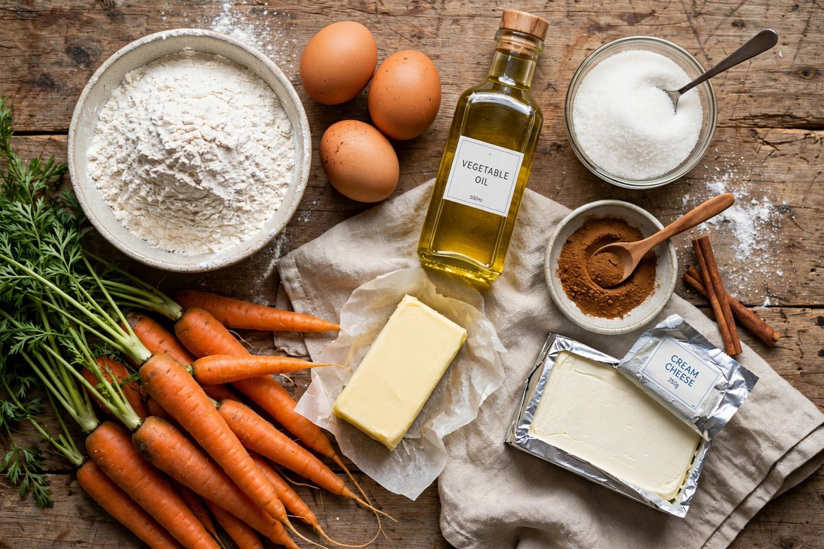 Ingredients for a homemade carrot cake arranged on a worktop: flour, eggs, vegetable oil, sugars, cinnamon, cream cheese, butter and fresh carrots