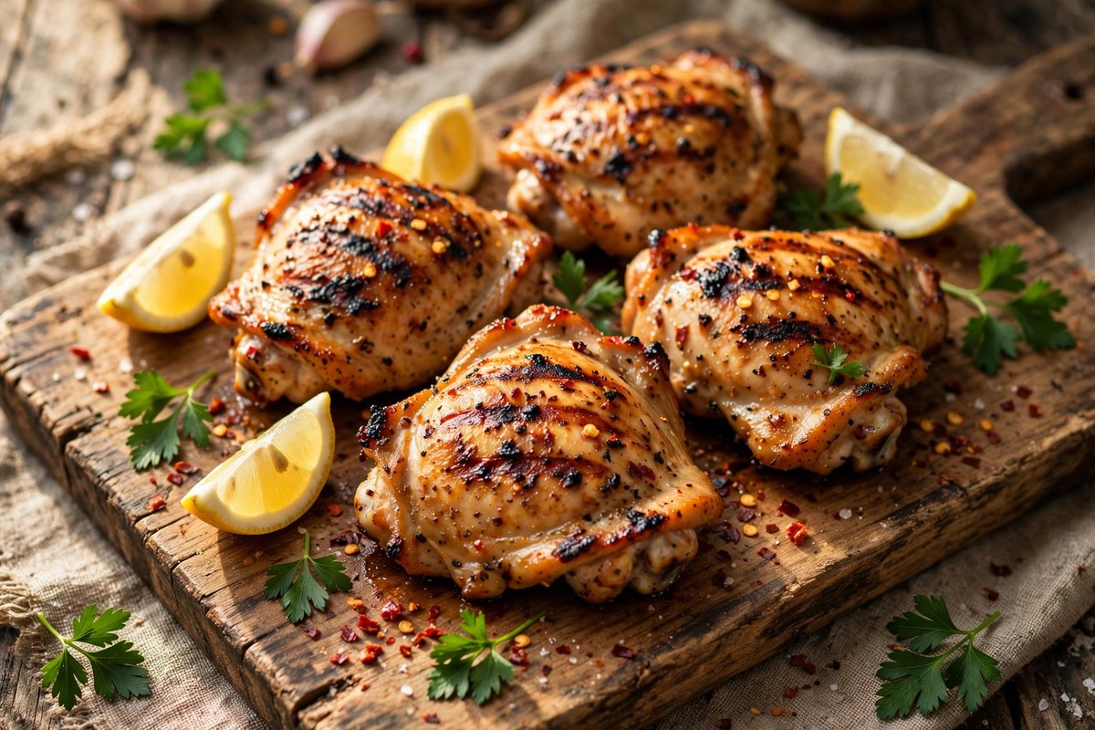 Grilled chicken thighs with char marks on a wooden board with lemon wedges