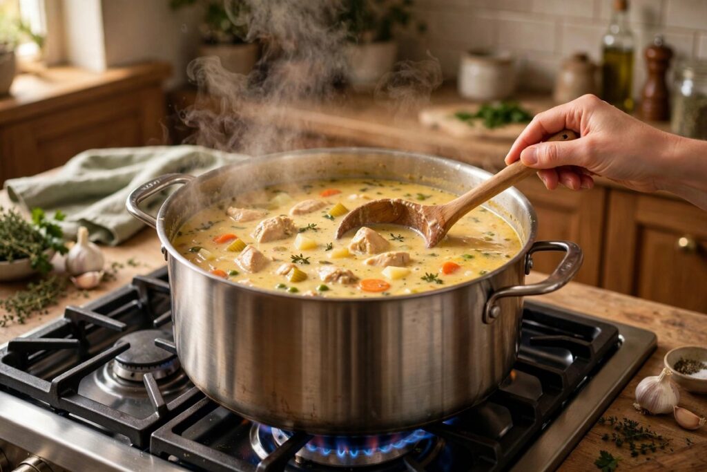 Pot of creamy chicken soup simmering on the stove being stirred with a wooden ladle