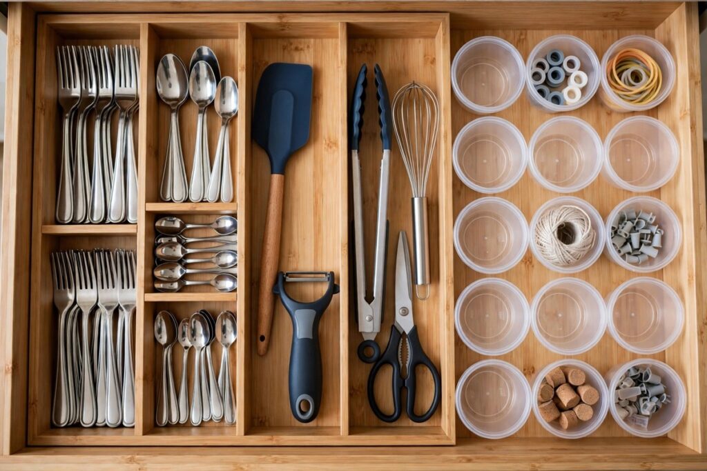 An organised kitchen drawer with dividers holding cutlery, cooking tools and small tubs for clips and timers