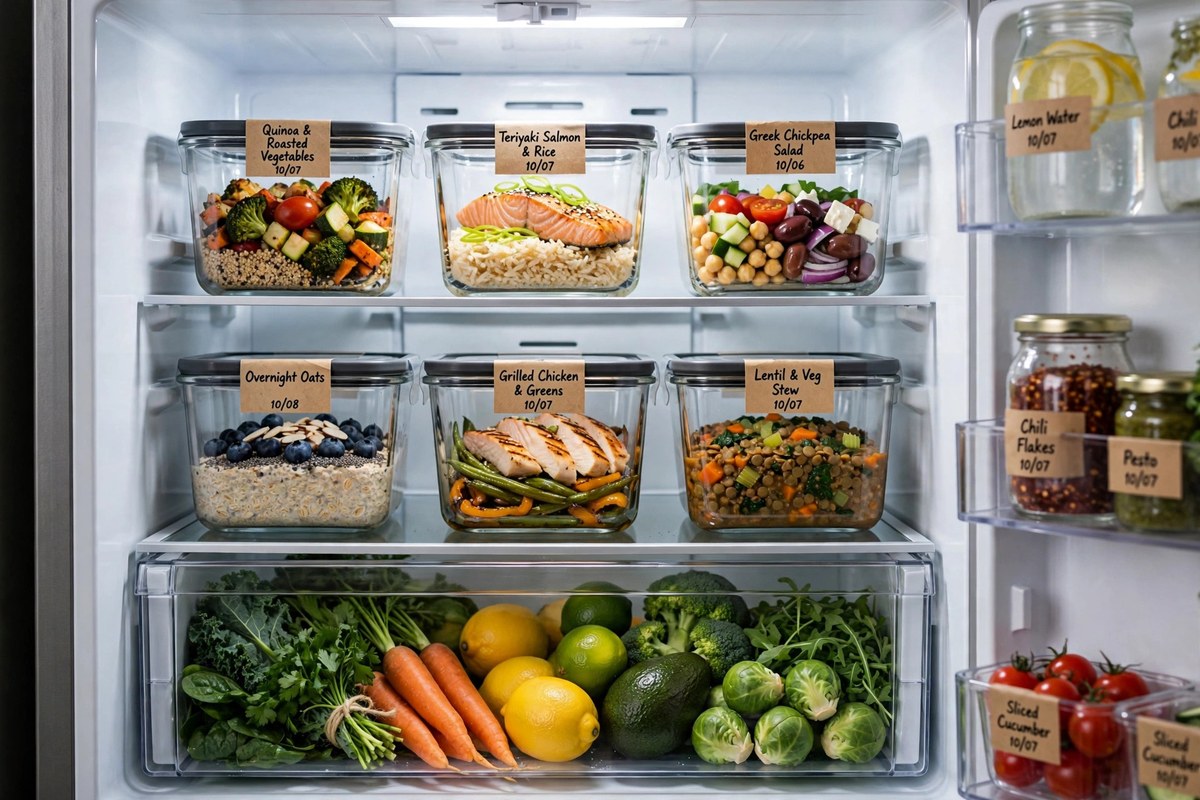 Open fridge with neatly stacked labelled meal prep containers