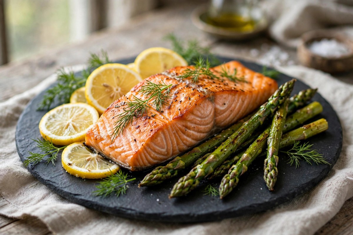 Pan-seared salmon fillet with lemon and roasted asparagus on a dark plate