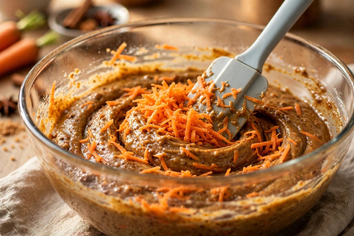 Finely grated carrots being folded into the batter of the best carrot cake recipe in a large glass bowl