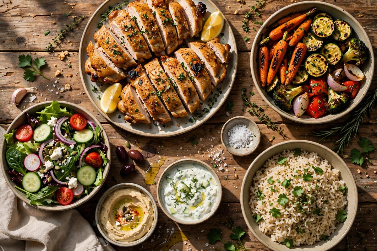 Weeknight chicken thigh dinner spread on a rustic wooden table