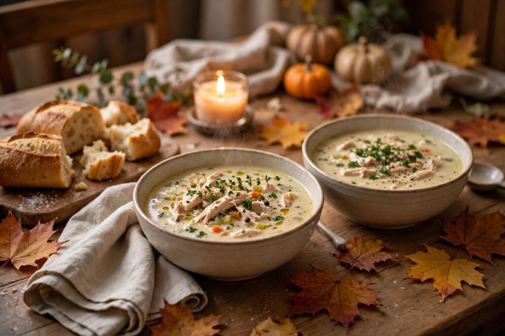 Two bowls of creamy chicken soup on a cosy autumn dinner table with crusty bread