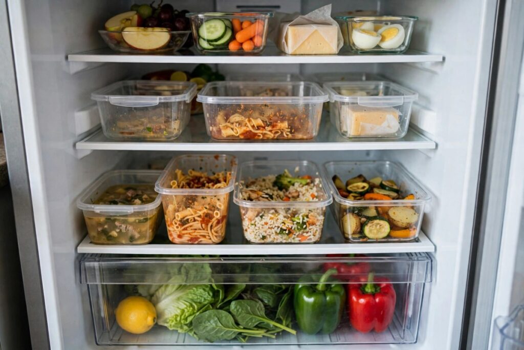 A small kitchen fridge organised into zones with clear containers of leftovers at the front