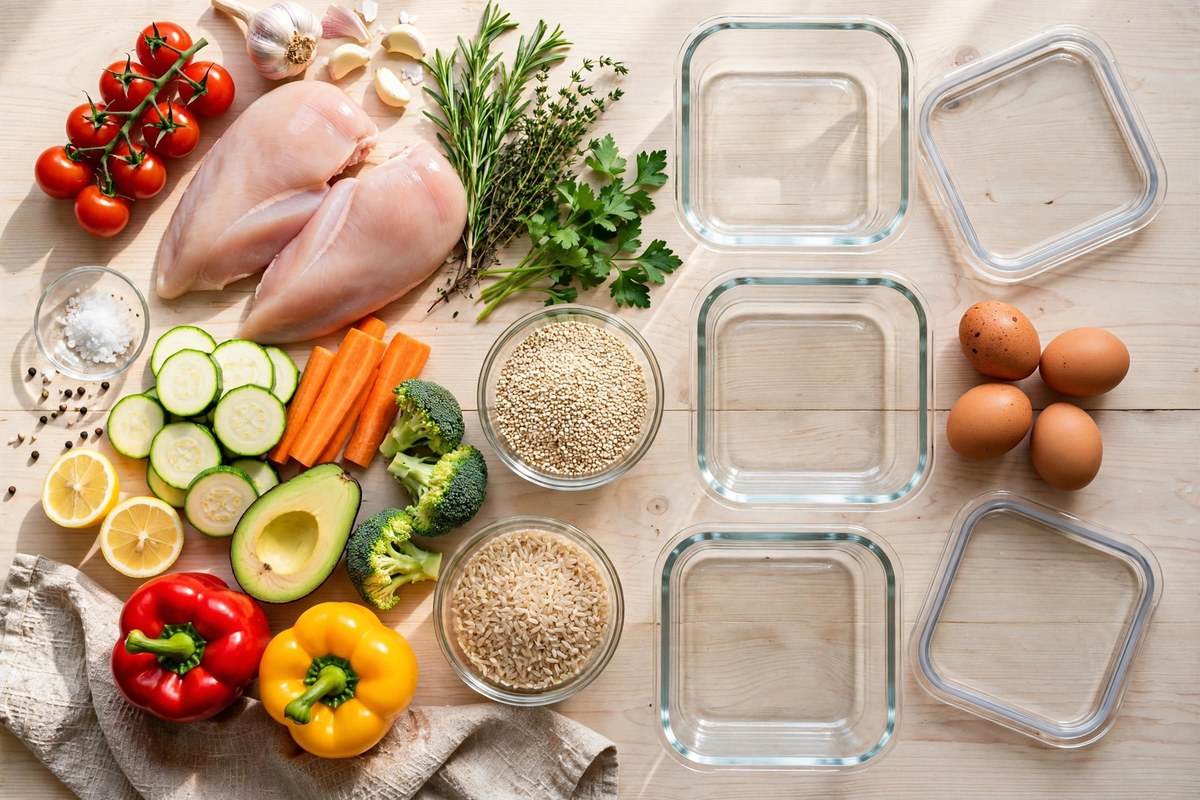 Flat-lay of weekly meal prep ingredients and empty glass containers on a wooden table