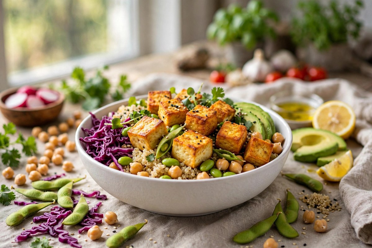 Colourful tofu and vegetable protein bowl with edamame, chickpeas and quinoa