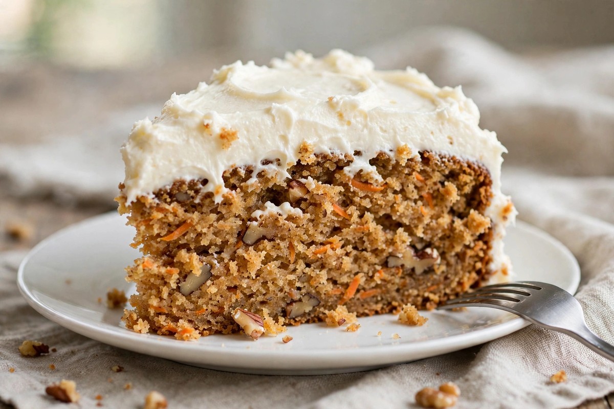 A slice of moist carrot cake with thick cream cheese frosting on a white plate, with a fork alongside