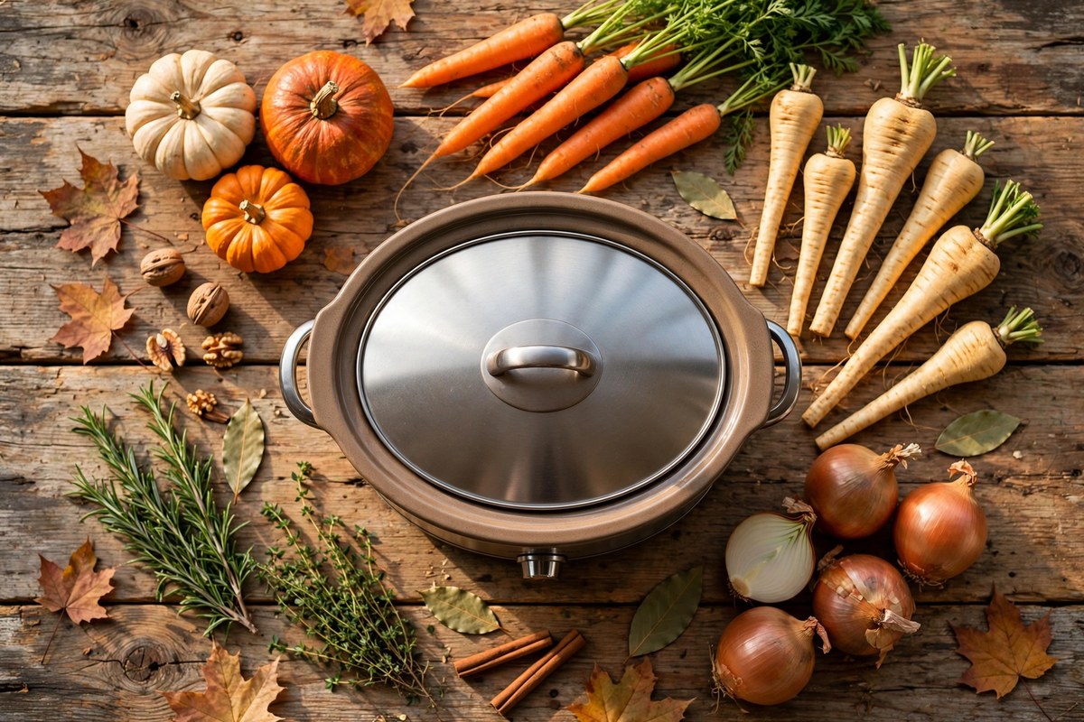 Overhead flat lay of fall ingredients around a slow cooker