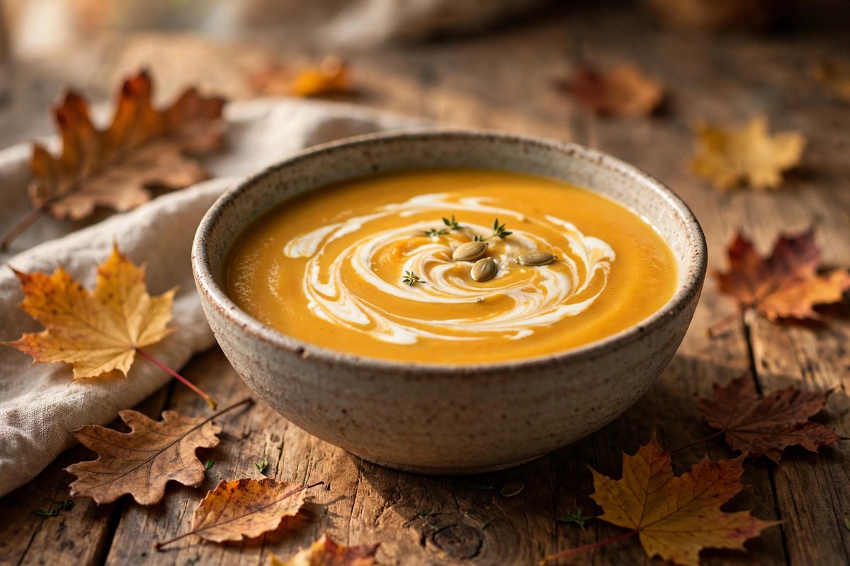 Bowl of creamy pumpkin soup with a cream swirl on a rustic table