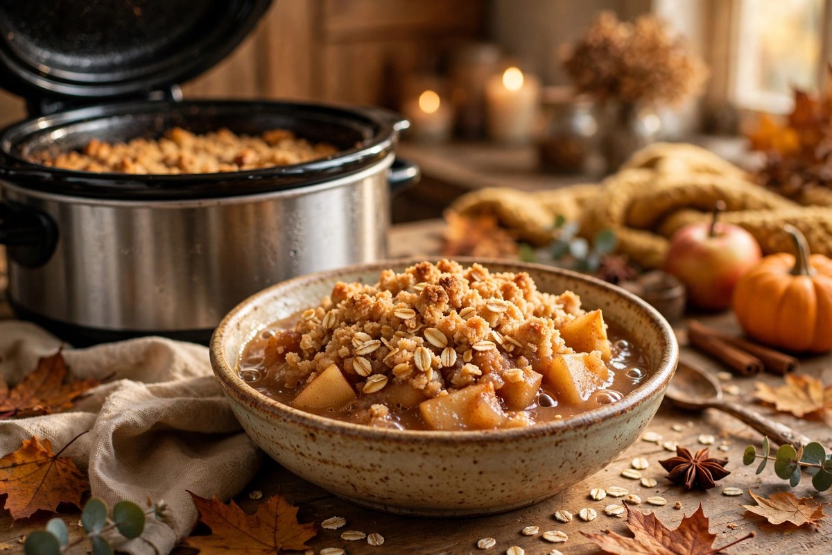 Slow cooker apple crumble with golden oat topping in a bowl
