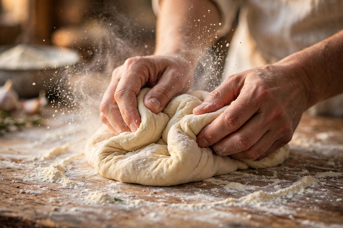 Hands kneading soft pizza dough on a floured wooden worktop