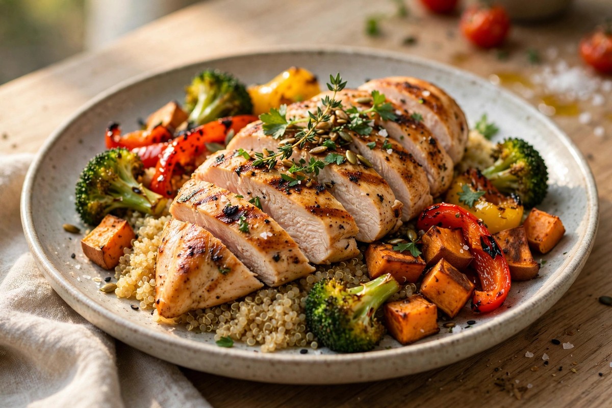 Grilled chicken breast sliced over a quinoa bowl with roasted vegetables