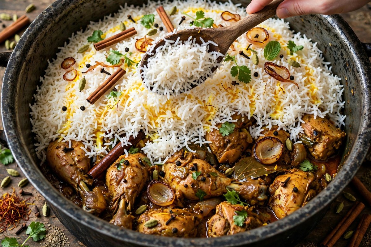Easy chicken biryani recipe for beginners cooking in a one-pot with fluffy rice and tender chicken