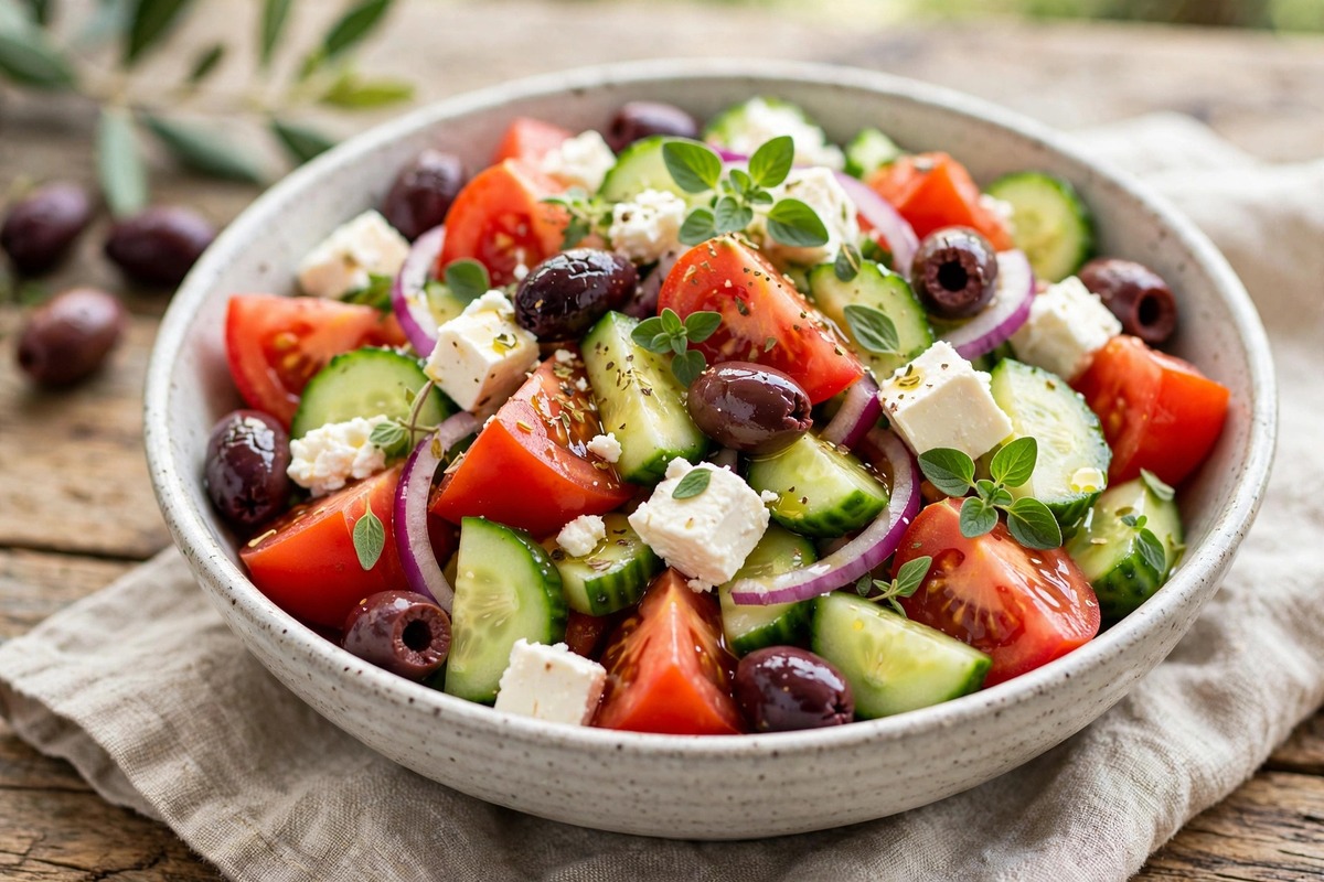 A fresh Greek salad with tomatoes, cucumber, olives, and feta in a bowl
