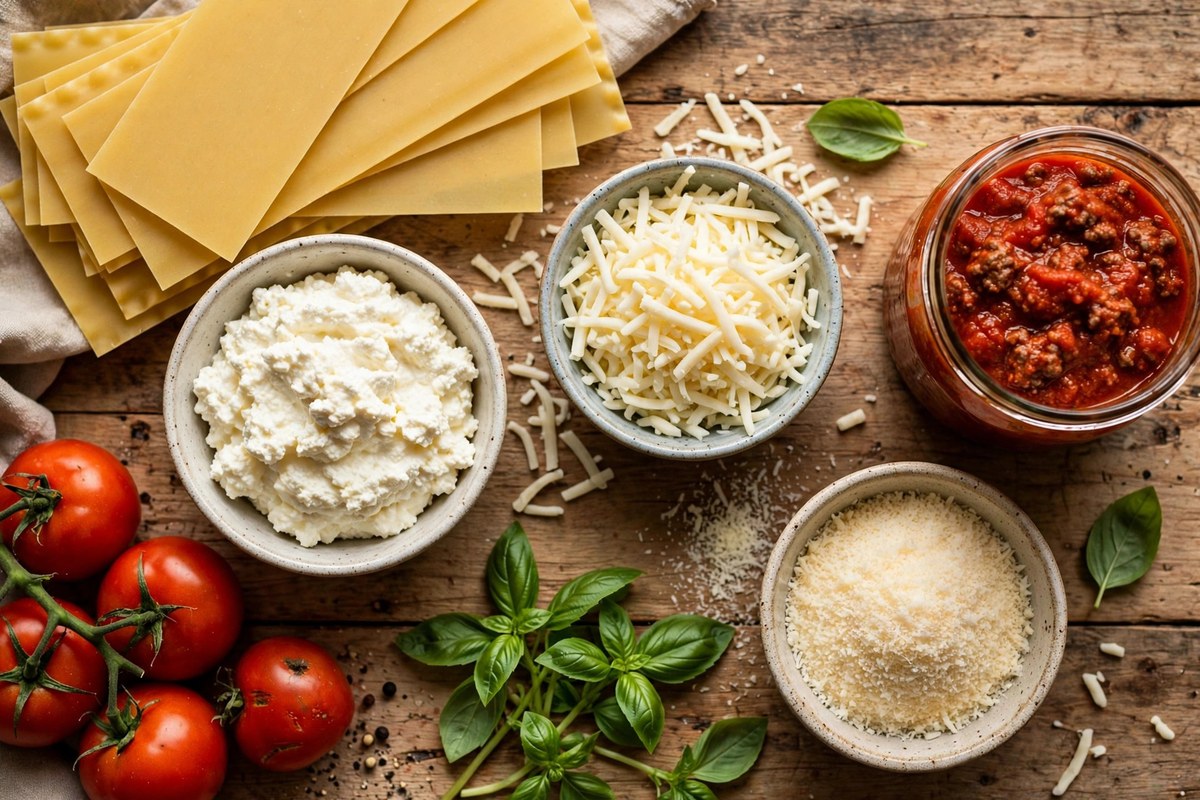 Ingredients for homemade lasagna arranged on a wooden worktop: no-boil sheets, ricotta, mozzarella, parmesan, basil and tomato ragu