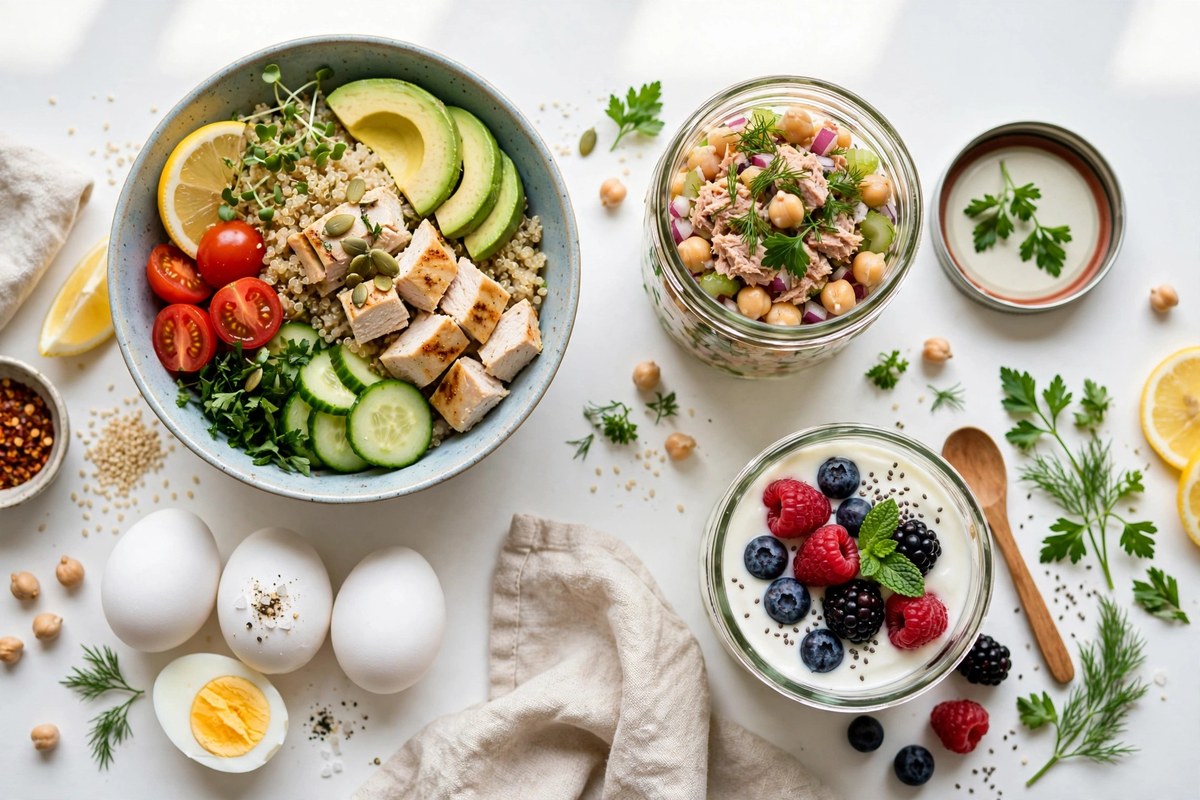 An overhead flat lay of colourful high protein lunch ideas: a chicken quinoa bowl, tuna chickpea salad, boiled eggs and a Greek yoghurt pot on a bright table
