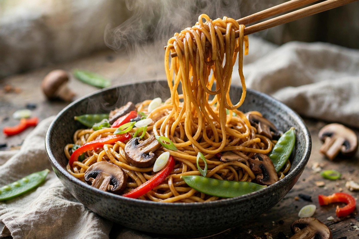 A steaming bowl of this easy lo mein recipe with glossy wheat noodles, red peppers, snow peas, mushrooms and spring onions, chopsticks lifting a tangle of noodles