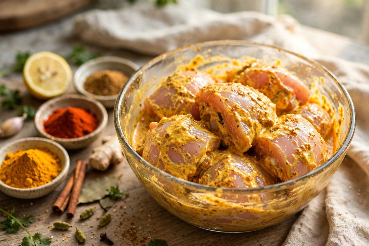 Raw chicken pieces coated in a spiced yogurt marinade in a glass bowl