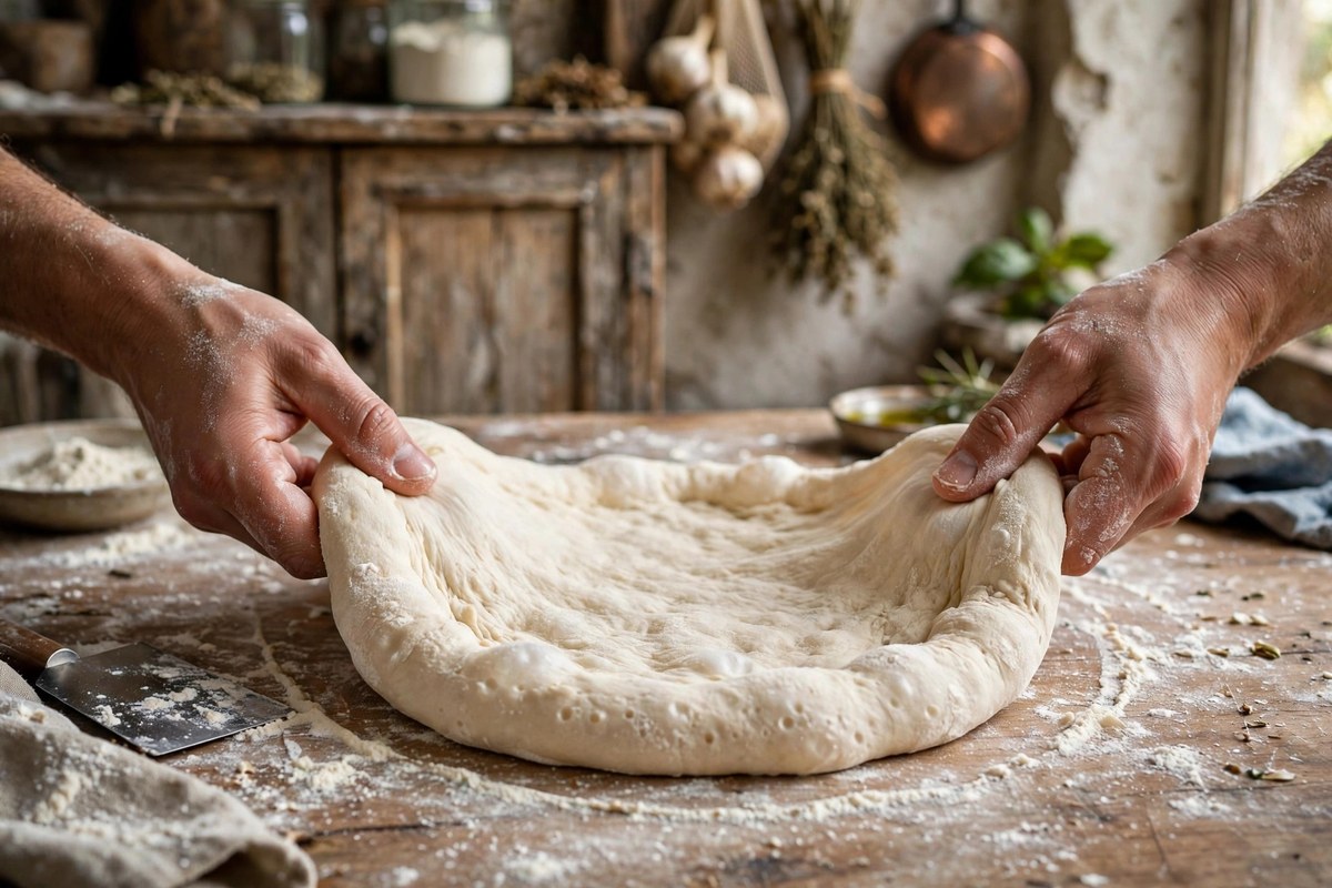 Hands stretching pizza dough into a round base with an airy rim