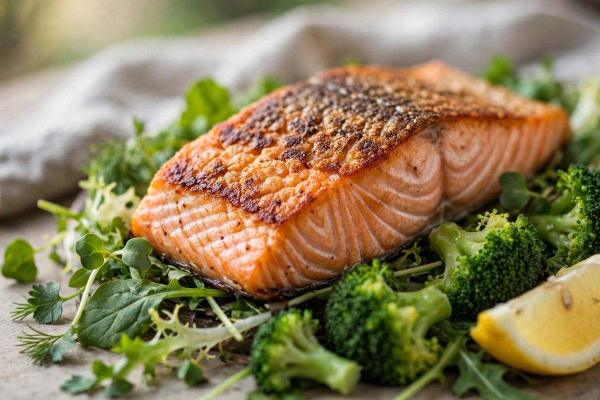 Pan-seared salmon fillet on leafy greens with steamed broccoli and lemon