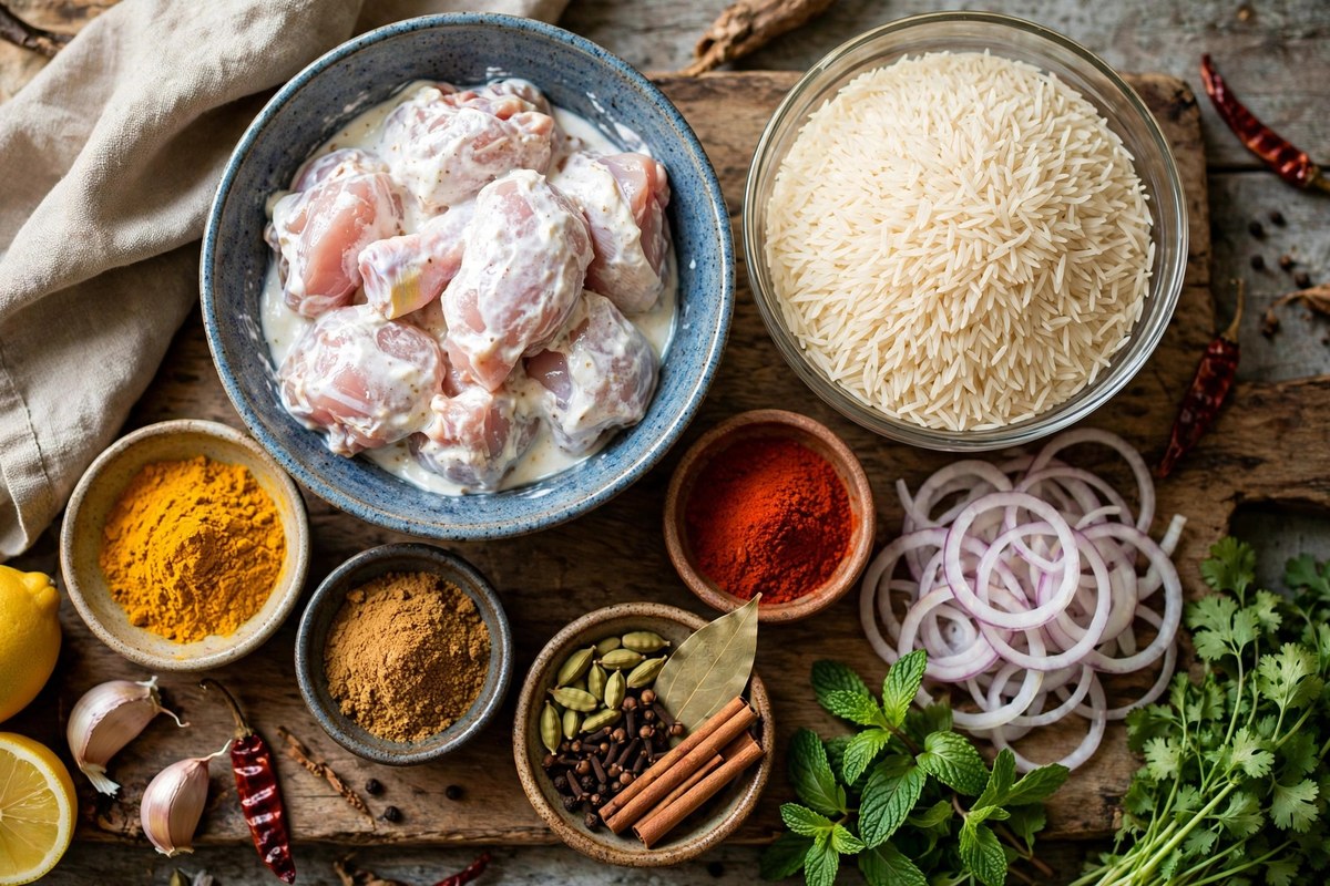 Ingredients for the easy chicken biryani recipe for beginners: marinated chicken, basmati rice and spices