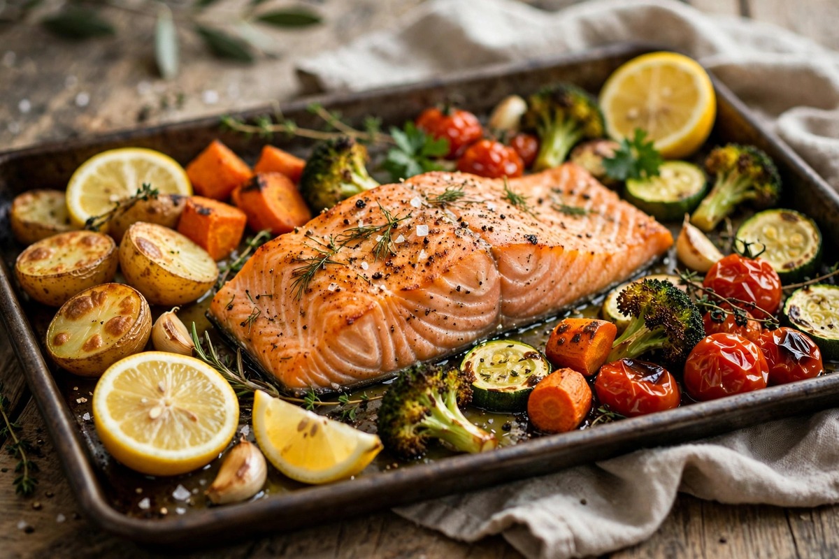 Baked salmon with roasted vegetables and lemon on a tray