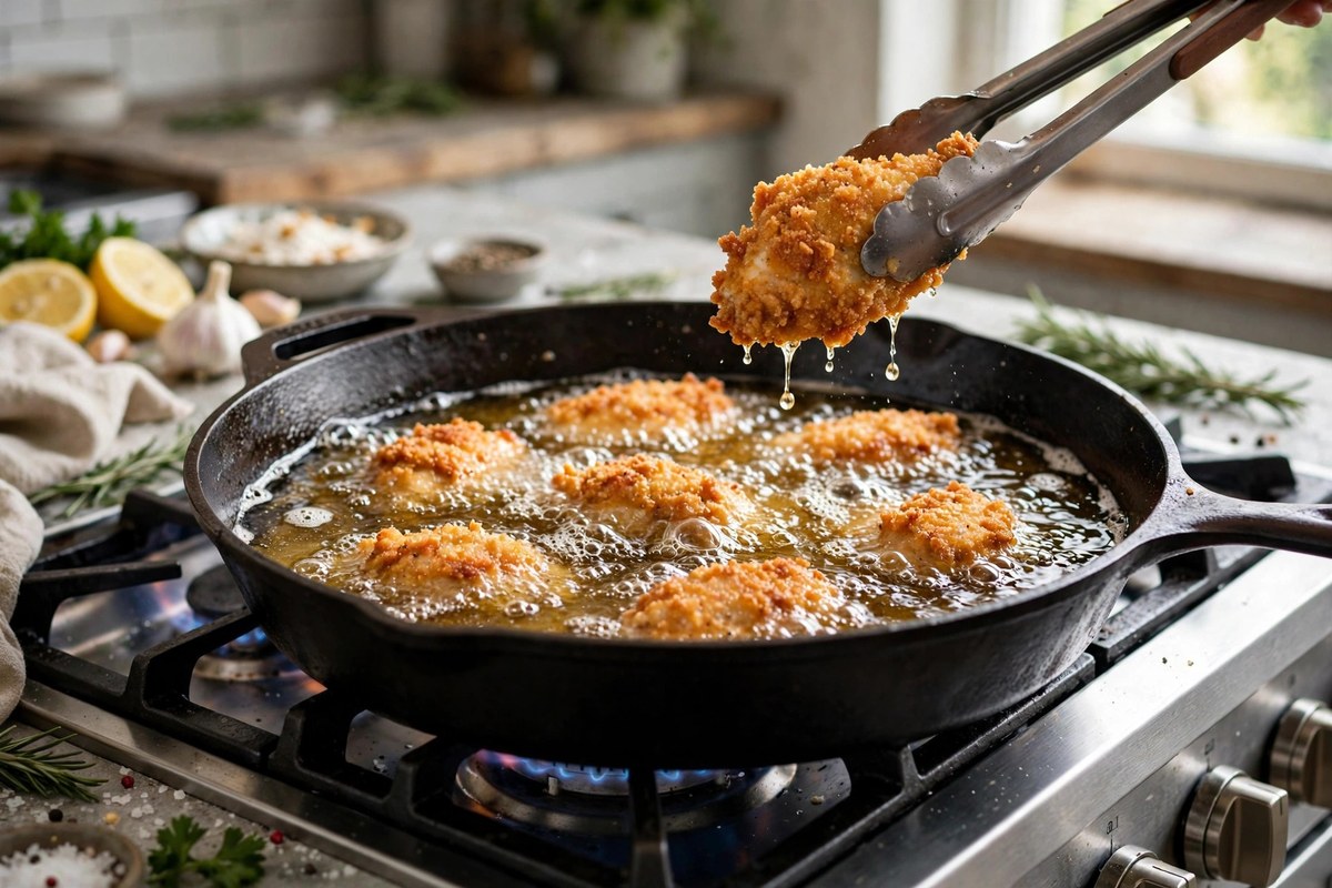 Chicken pieces frying in golden oil in a deep skillet with a thermometer