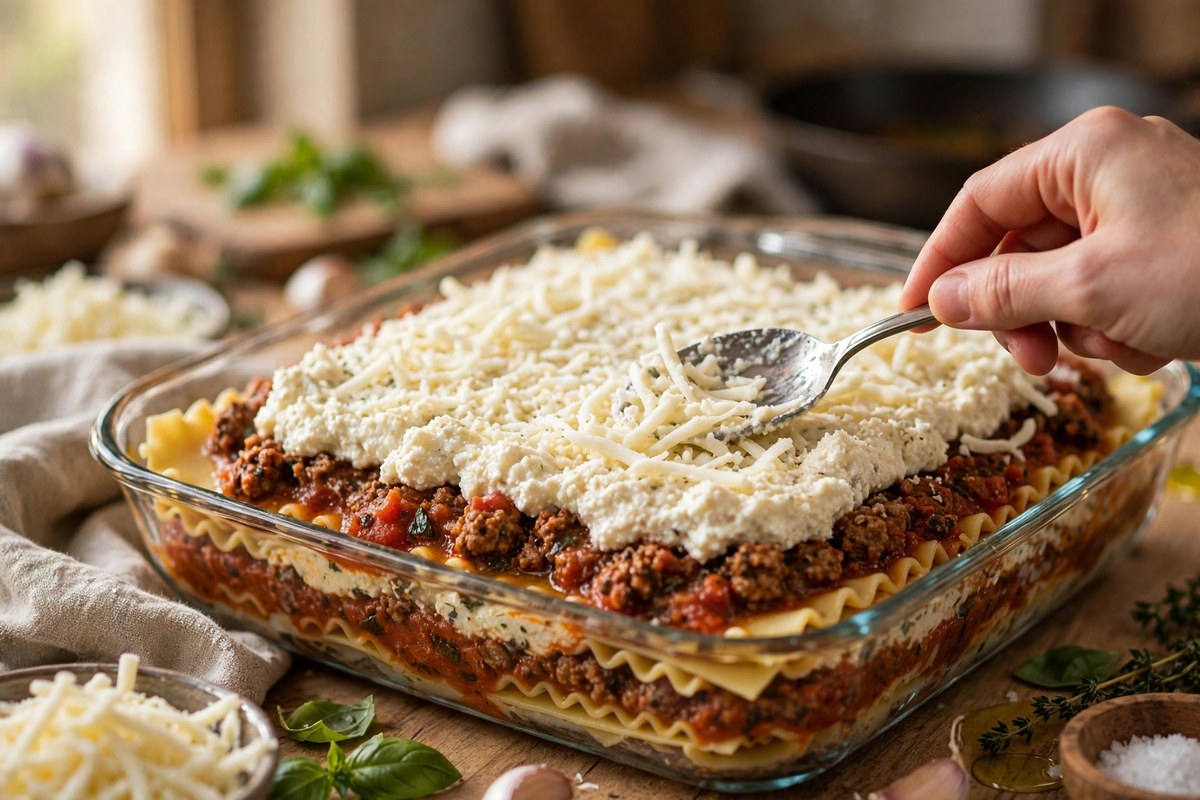 Lasagna being assembled in a glass baking dish with layers of pasta sheets, ricotta mixture and meat ragu