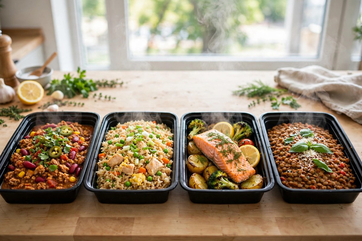 Meal prep containers lined up with high protein lunches: turkey chilli, chicken fried rice, salmon tray bake and lentil bolognese