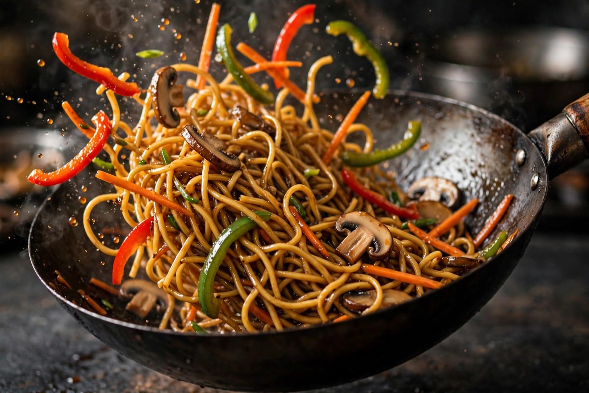 Close-up of lo mein noodles being tossed through a hot wok with sliced peppers, carrots and mushrooms in a shiny soy-based sauce