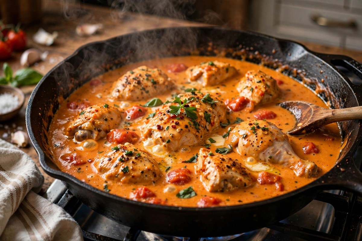 Chicken simmering in a creamy tomato and butter sauce in a skillet
