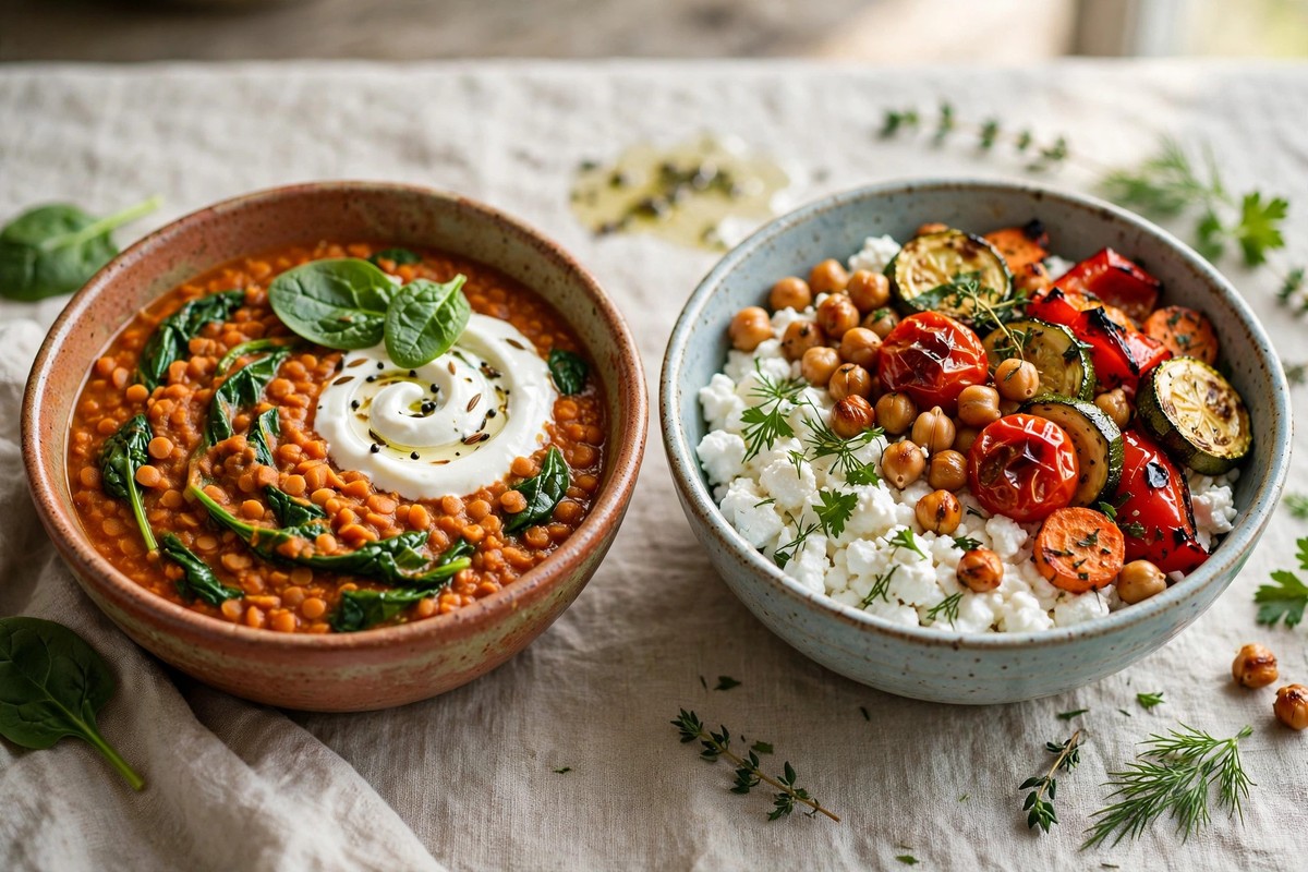 Red lentil dal with spinach and yoghurt beside a chickpea and cottage cheese bowl