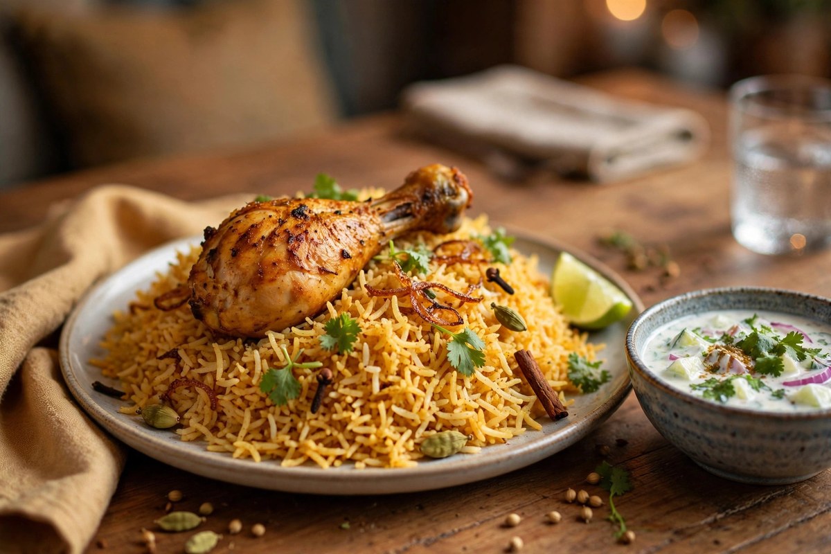 Finished easy chicken biryani recipe for beginners served with raita and a chicken leg