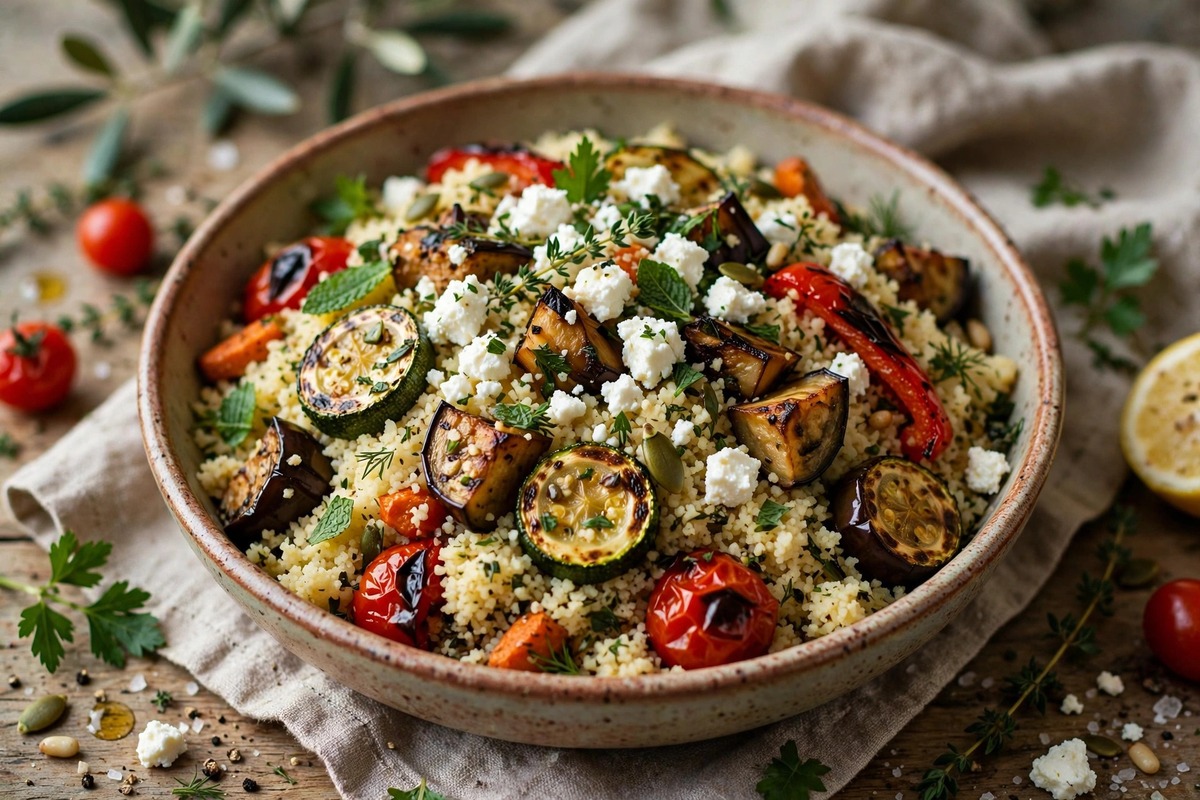 Roasted vegetable couscous with feta and herbs in a serving bowl