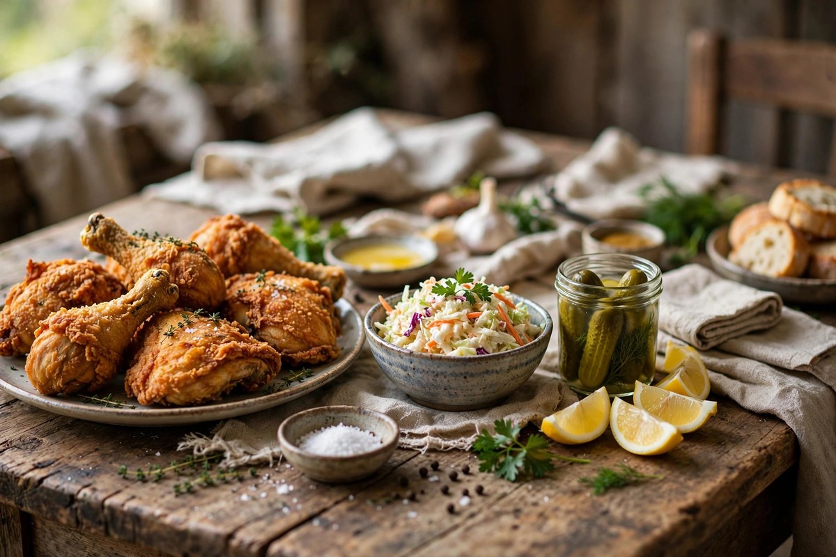 A platter of crispy fried chicken with coleslaw and pickles on a rustic table
