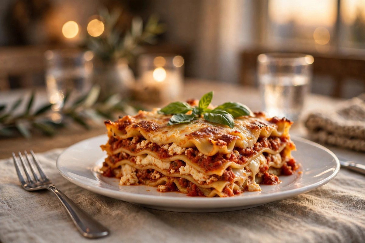 A plated slice of homemade lasagna showing distinct layers of pasta, cheese and sauce, garnished with basil