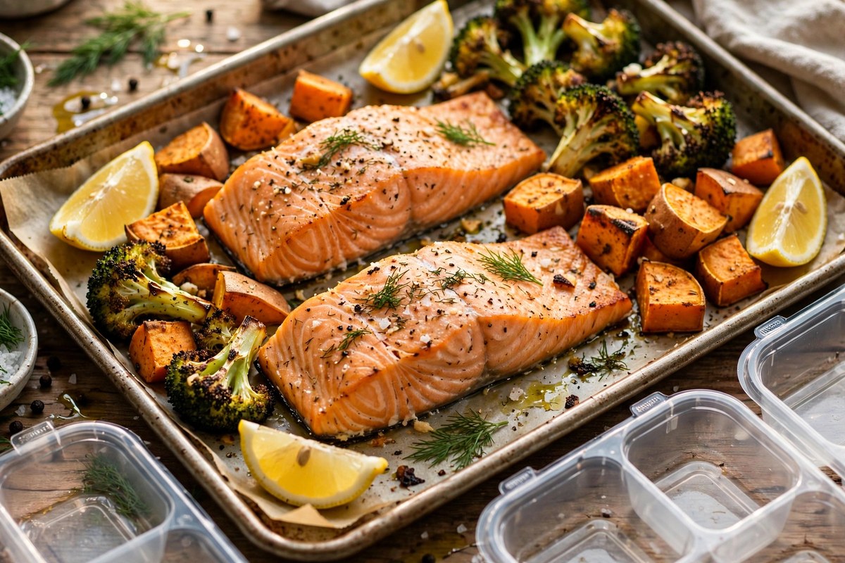 A close-up of a fresh salmon and sweet potato tray bake lunch with lemon wedges and broccoli, ready to portion into meal prep boxes