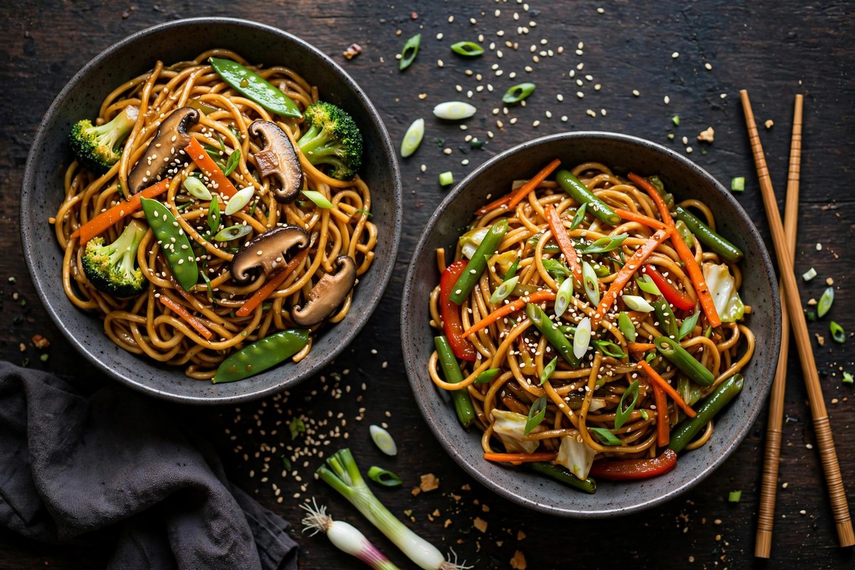 Overhead shot of a finished lo mein dinner: bowls of glossy noodles with vegetables, sesame seeds and spring onions on a dark table with chopsticks