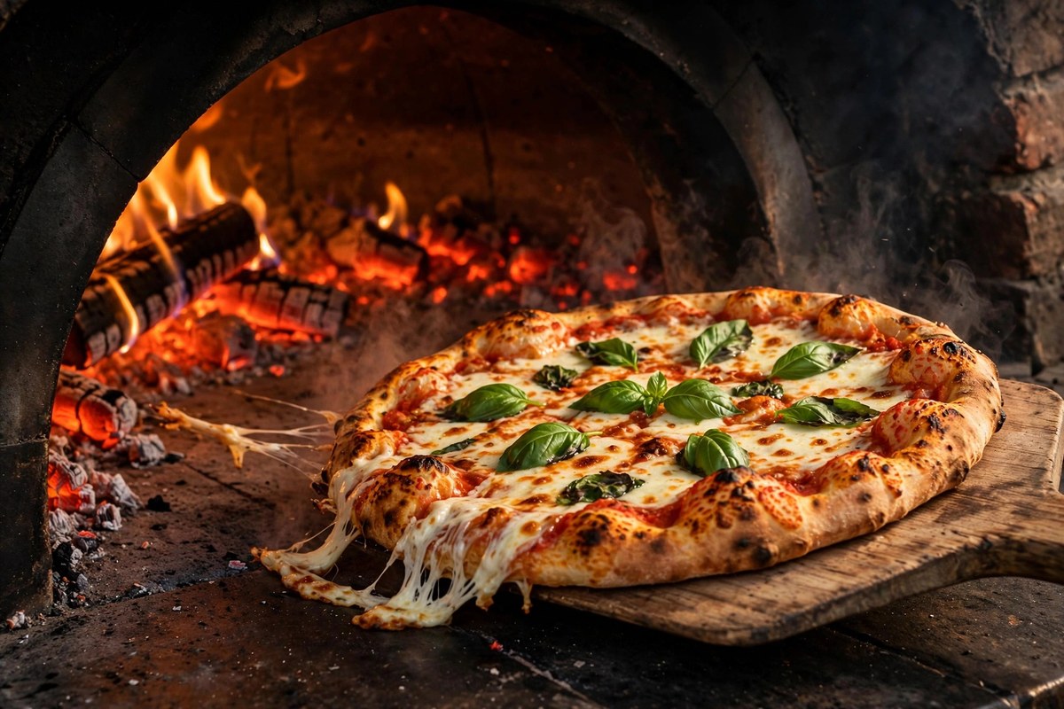 Freshly baked homemade margherita pizza with golden crispy crust being pulled from the oven