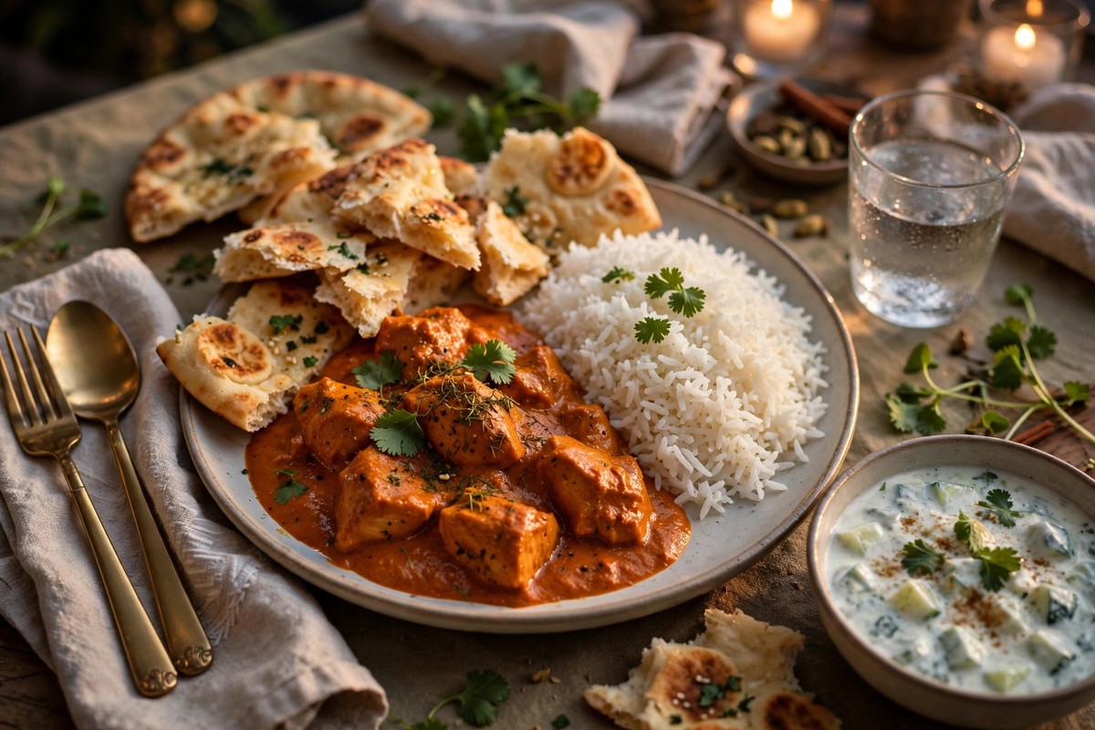 Finished butter chicken served with basmati rice and naan bread