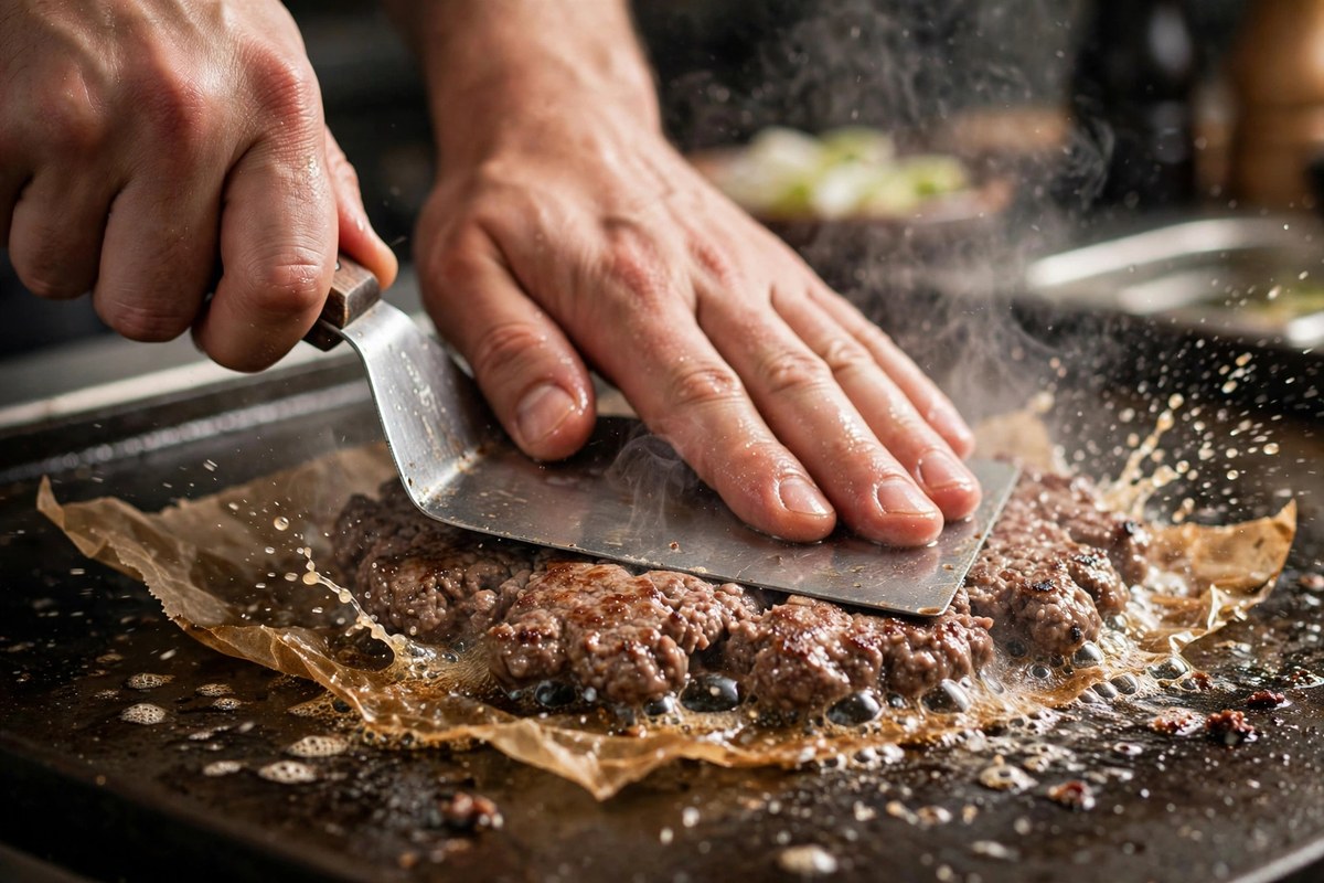 Hands smashing a beef ball flat on a hot griddle with a metal spatula