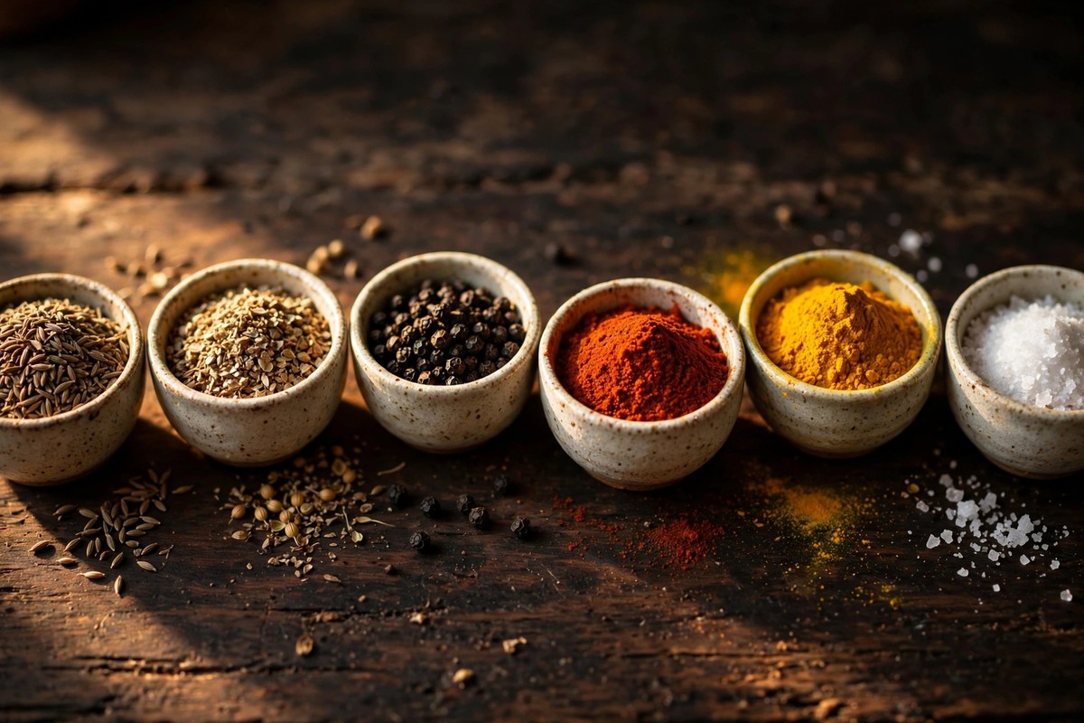 Spices for chicken karahi in small bowls: cumin, coriander, black pepper and red chilli