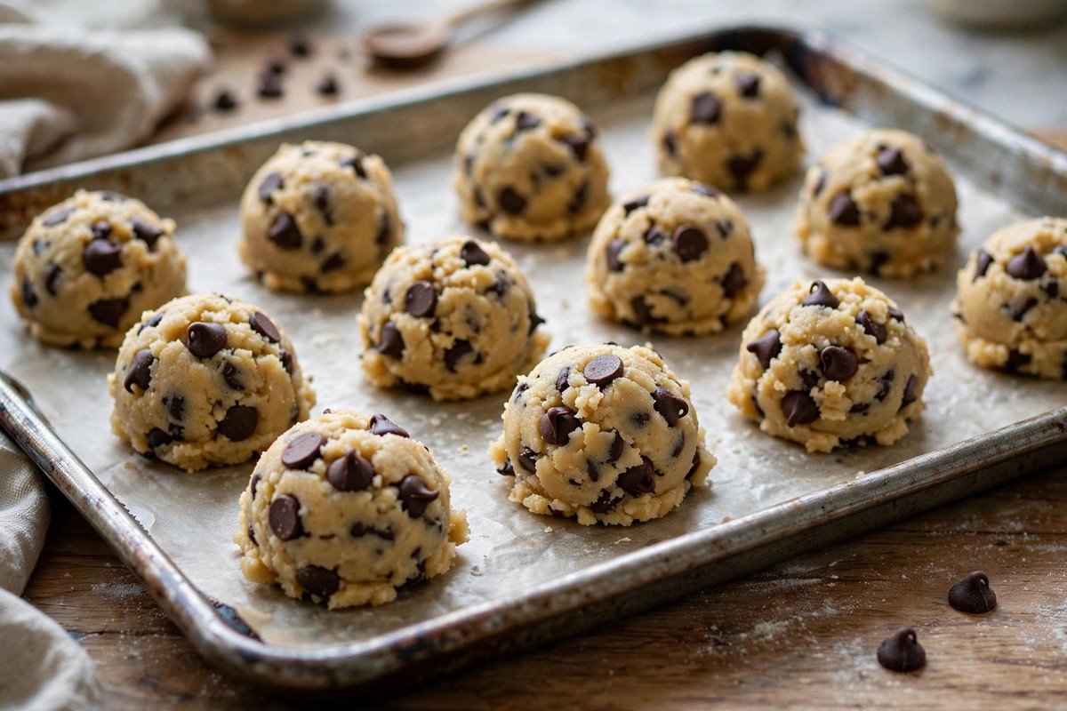 Chocolate chip cookie dough balls on a baking tray ready for the oven